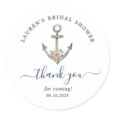 Watercolor anchor Nautical Bridal shower Thank you Classic Round Sticker