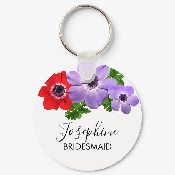 Watercolor Anemone Floral Bridesmaid Keychain