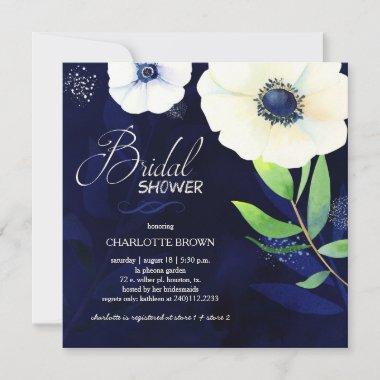 Watercolor Anemone Navy Blue Bridal Shower Invitations