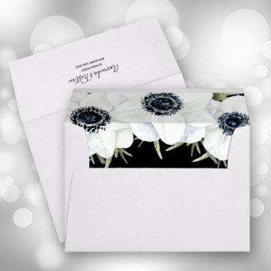Watercolor Anemones Black and White Lined Envelope