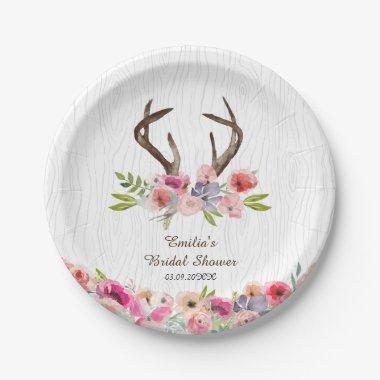 Watercolor Antlers Wildflowers Faux Bois Shower Paper Plates