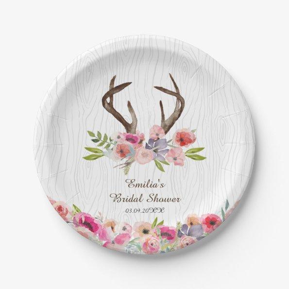 Watercolor Antlers Wildflowers Faux Bois Shower Paper Plates