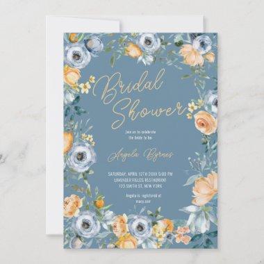 Watercolor Apricot Pastel Blue Wild Flowers Invitations