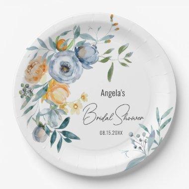 WATERCOLOR APRICOT PASTEL BLUE WILD FLOWERS PAPER PLATES