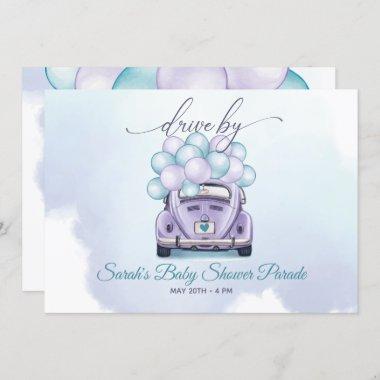 Watercolor Aqua Lilac Surprise DriveBy Baby Shower Invitations