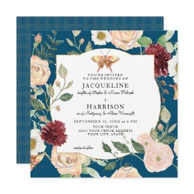 Watercolor AutumnBlue n Rose Floral Butterfly Invitations