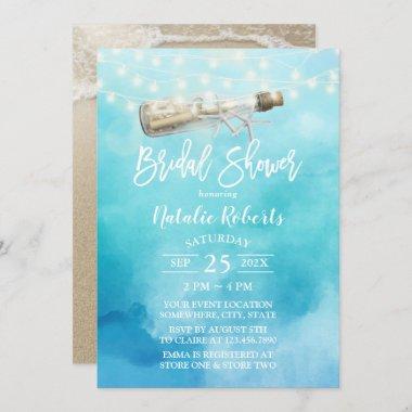 Watercolor Beach Love Message Bottle Bridal Shower Invitations
