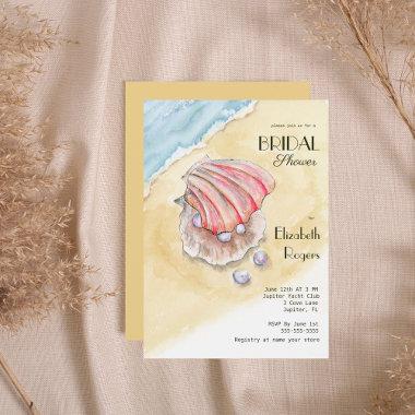 Watercolor Beach With Clams & Pearls Bridal Shower Invitations