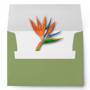 Watercolor Bird of Paradise Lined Green Envelope