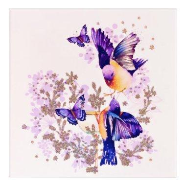 Watercolor Birds Floral Purple Glitter Acrylic Print
