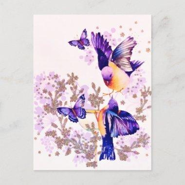 Watercolor Birds Floral Purple Glitter Holiday PostInvitations