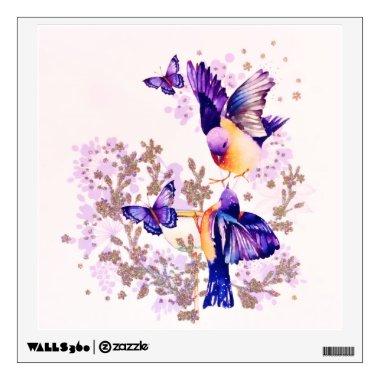 Watercolor Birds Floral Purple Glitter Wall Decal
