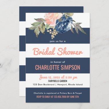 Watercolor Blooms Navy Blue Stripes Bridal Shower Invitations