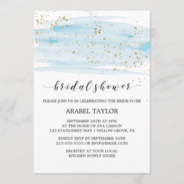 Watercolor Blue and Gold Sparkle Bridal Shower Invitations