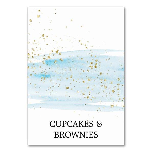 Watercolor Blue and Gold Sparkle Food Tent Invitations