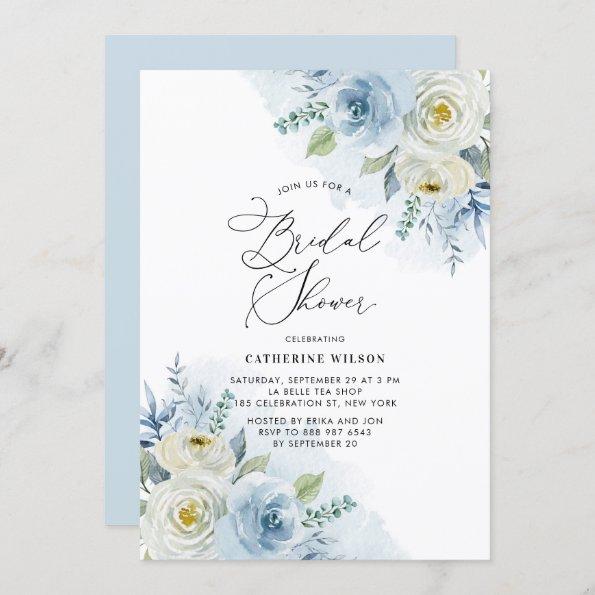 Watercolor Blue and Ivory Roses Bridal Shower Invitations