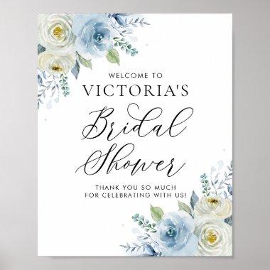 Watercolor Blue and Ivory Roses Bridal Shower Poster