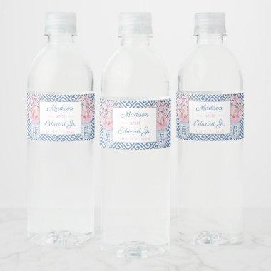 Watercolor Blue And Pink Ginger Jar Wedding Shower Water Bottle Label
