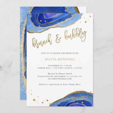 Watercolor Blue Geode with Gold Brunch and Bubbly Invitations