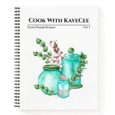 Watercolor Blue Glassware and Cotton Blank Recipe Notebook