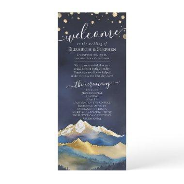 Watercolor Blue Gold Foil Mountain Wedding Program