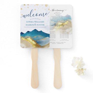 Watercolor Blue Gold Foil Mountain Wedding Program Hand Fan