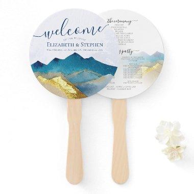 Watercolor Blue Gold Foil Mountain Wedding Program Hand Fan