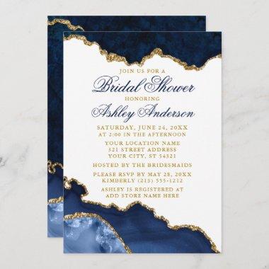 Watercolor Blue Gold Marble Geode Bridal Shower Invitations