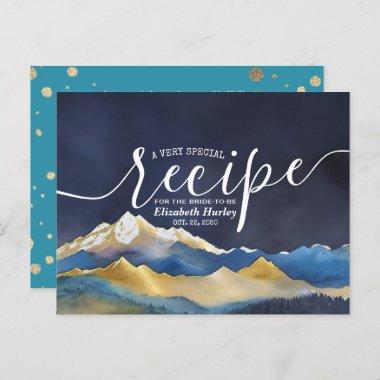 Watercolor Blue Gold Mountain Bridal Shower Recipe Invitation PostInvitations
