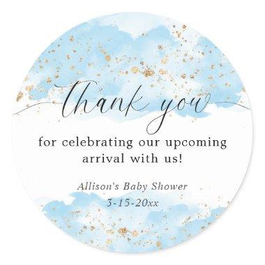 Watercolor blue gold white baby shower thank you classic round sticker