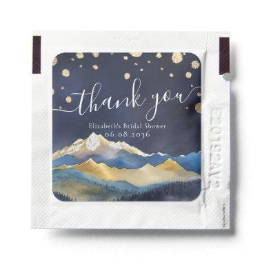 Watercolor Blue Green Gold Mountains Bridal Shower Hand Sanitizer Packet