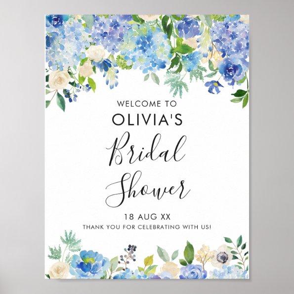 Watercolor Blue Hydrangeas Bridal Shower Welcome Poster