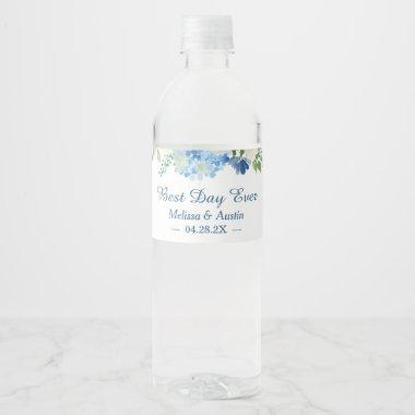 Watercolor Blue Hydrangeas Floral Best Day Ever Water Bottle Label