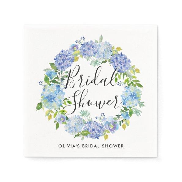 Watercolor Blue Hydrangeas Wreath Bridal Shower Paper Napkins