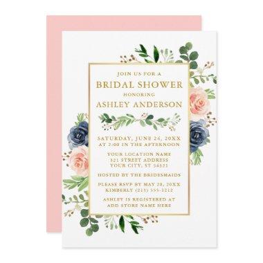 Watercolor Blue Pink Roses Bridal Shower Gold Invitations