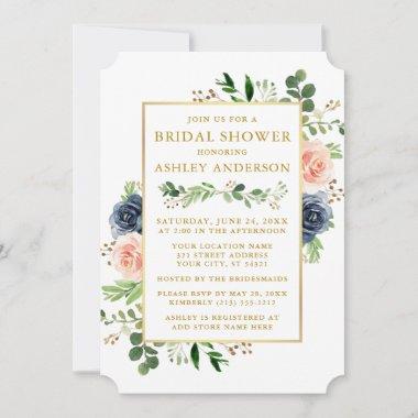 Watercolor Blue Pink Roses Gold Bridal Shower Invitations