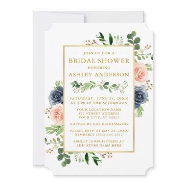 Watercolor Blue Pink Roses Gold Bridal Shower Invitations