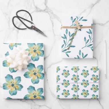 Watercolor Blue Wrapping Paper Flat Sheet Set of 3