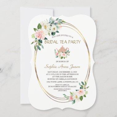 Watercolor Blush Floral Gold Frame Bridal Shower Invitations