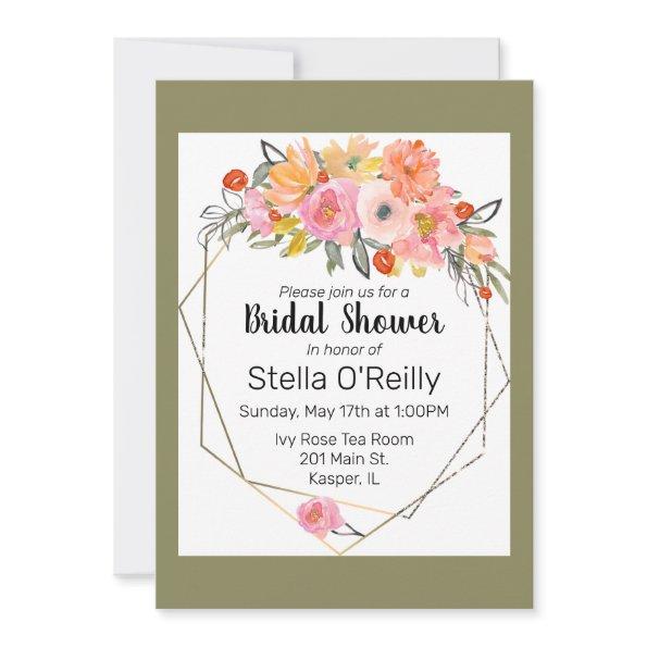 Watercolor Blush Orange Yellow Floral Gold Frame