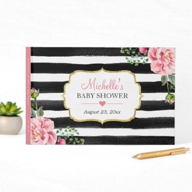 Watercolor Blush Pink Floral Stripes Baby Shower Guest Book
