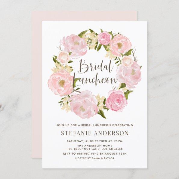 Watercolor Blush Pink Peony Wreath Bridal Luncheon Invitations