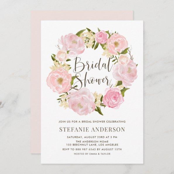 Watercolor Blush Pink Peony Wreath Bridal Shower Invitations