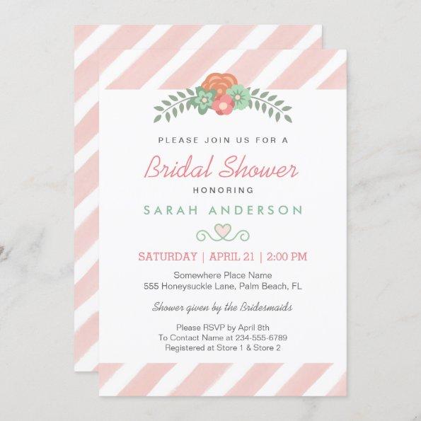 Watercolor Blush Pink Stripes Floral Bridal Shower Invitations