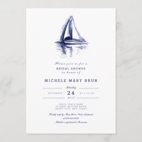 Watercolor Boat Navy Blue Bridal Shower Invite