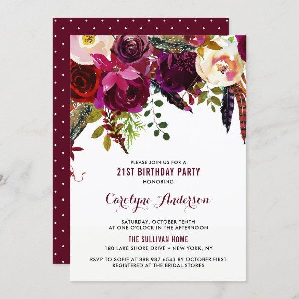 Watercolor Boho Floral Autumn Birthday Party Invitations