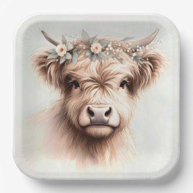 Watercolor Boho Highland Cow With Bridal Headpiece Paper Plates
