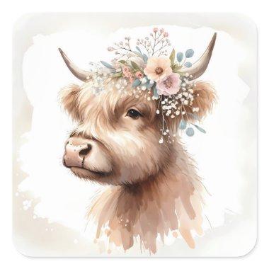 Watercolor Boho Highland Cow With Flowers Square Sticker