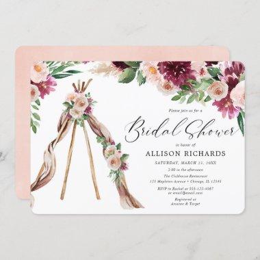 Watercolor Boho pink burgundy floral bridal shower Invitations