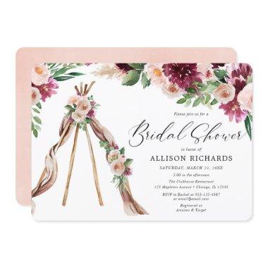 Watercolor Boho pink burgundy floral bridal shower Invitations